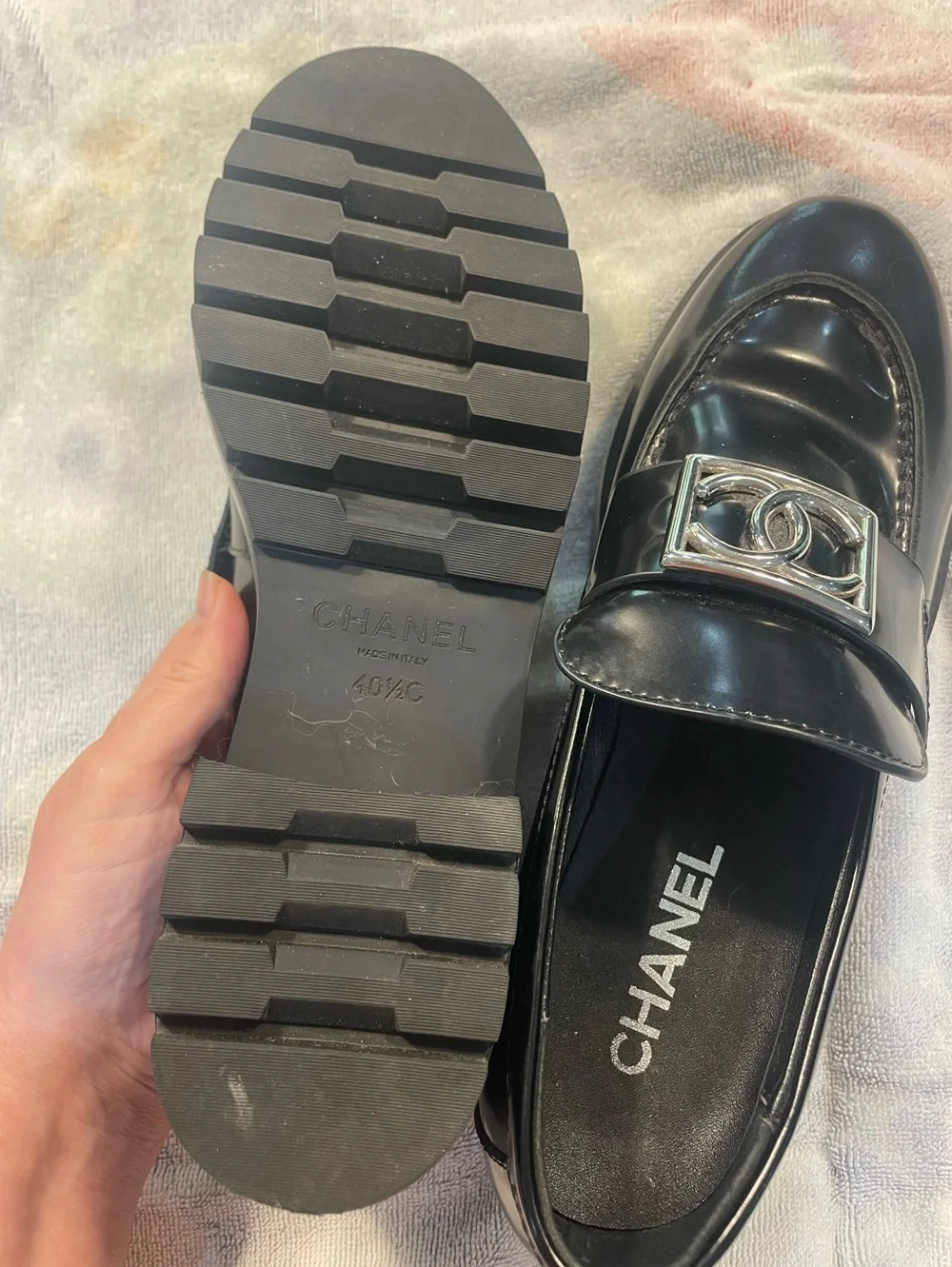 Chanel Loafers CC Logo Black Leather - size 10
